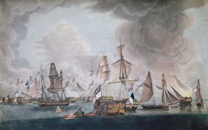 Die Niederlage der vereinten Kräfte von Frankreich und Spanien in der Schlacht von Trafalgar 1805 (Farbstich)